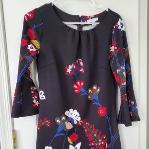 New York and Company Black Floral 3/4 Flutter Sleeve Dress